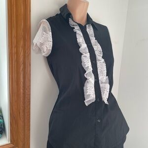 S 16-19” PTP French maid blouse tuxedo modern stretch cotton black button up
